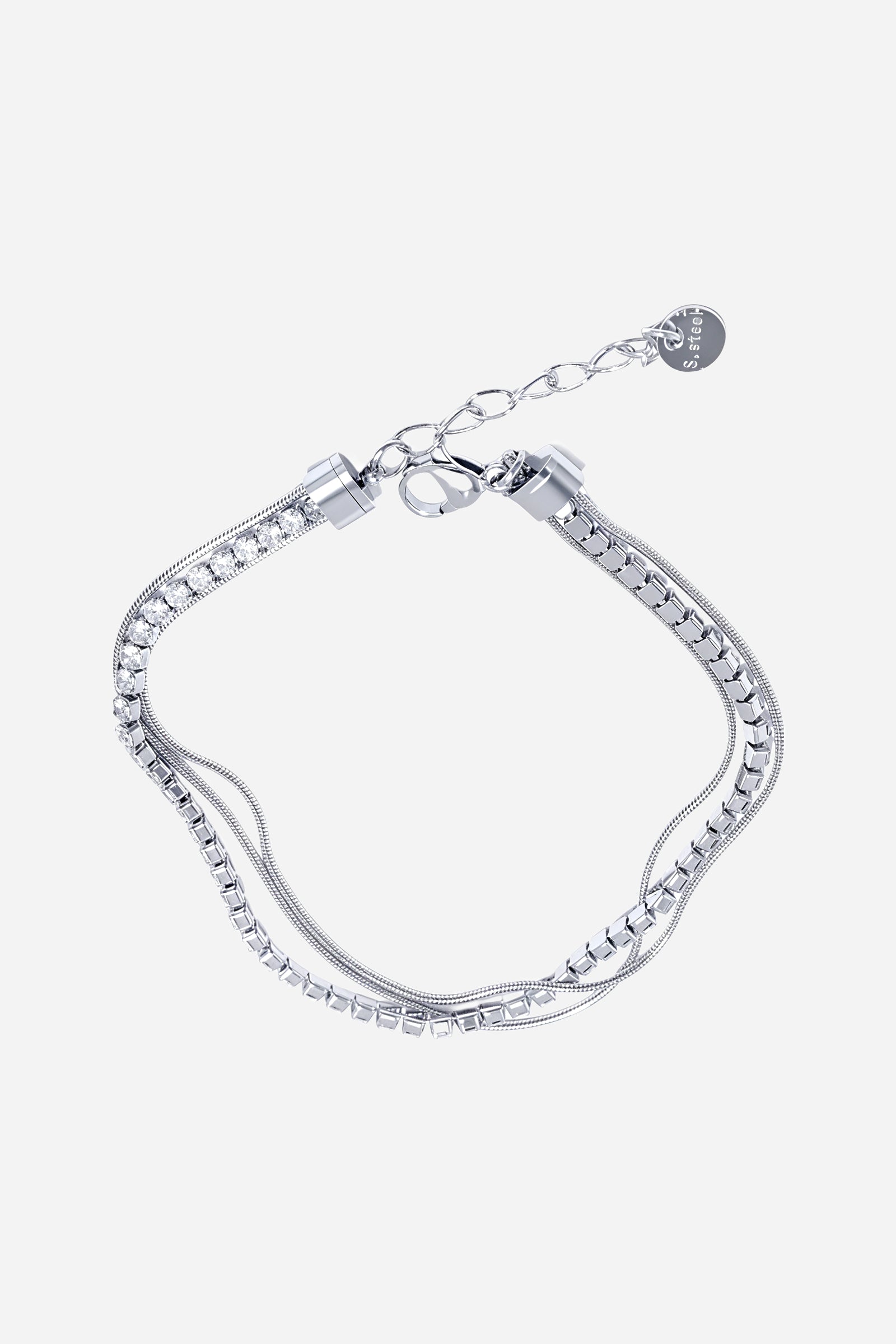 Top-view of GLISTIA’s elegant silver-tone dual chain tennis bracelet with a shimmering stone-lined centre.