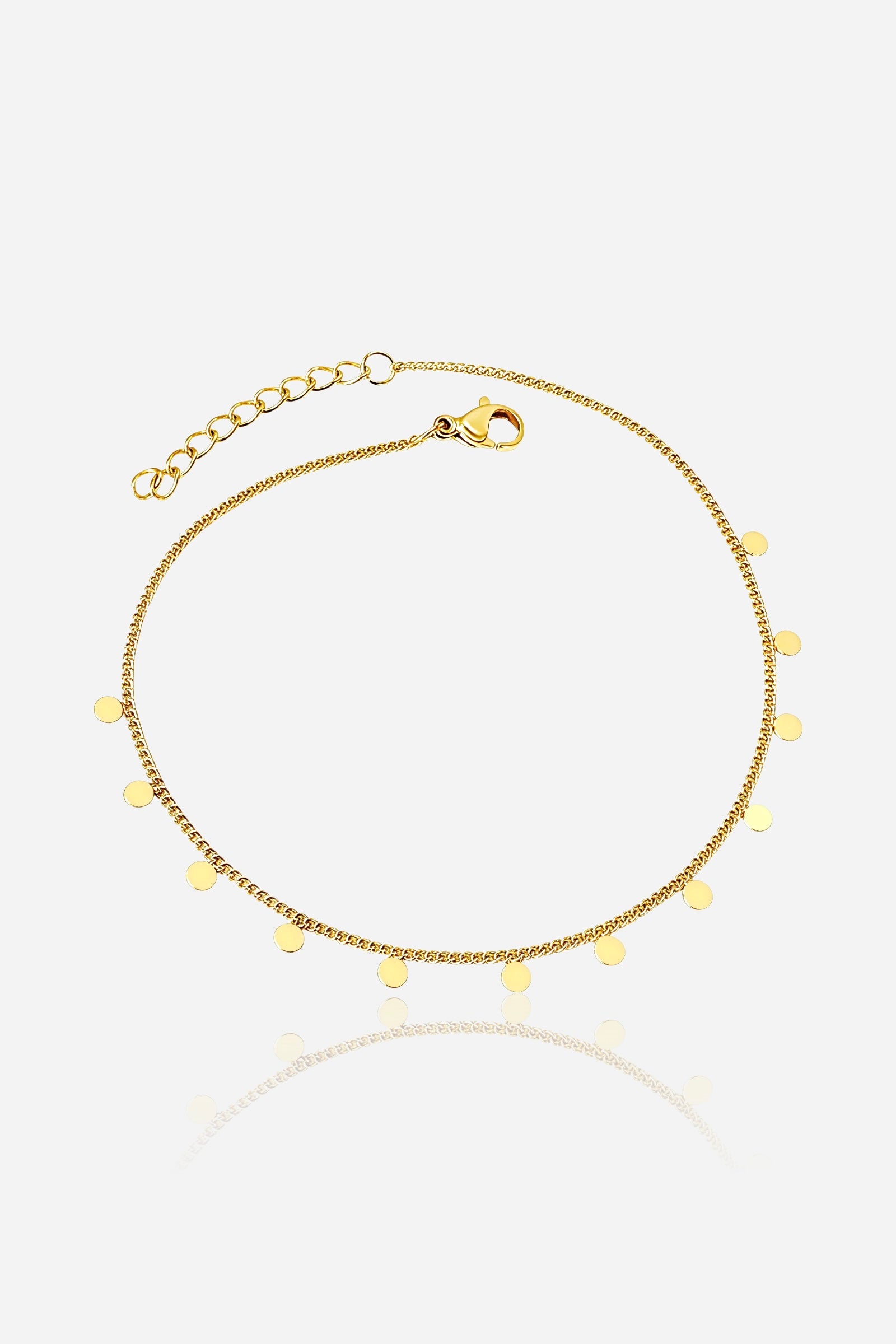 Front view of the Soleil Disc Chain Anklet in stainless steel with PVD 18K gold plating, featuring mini gold disc charms - GLISTIA.