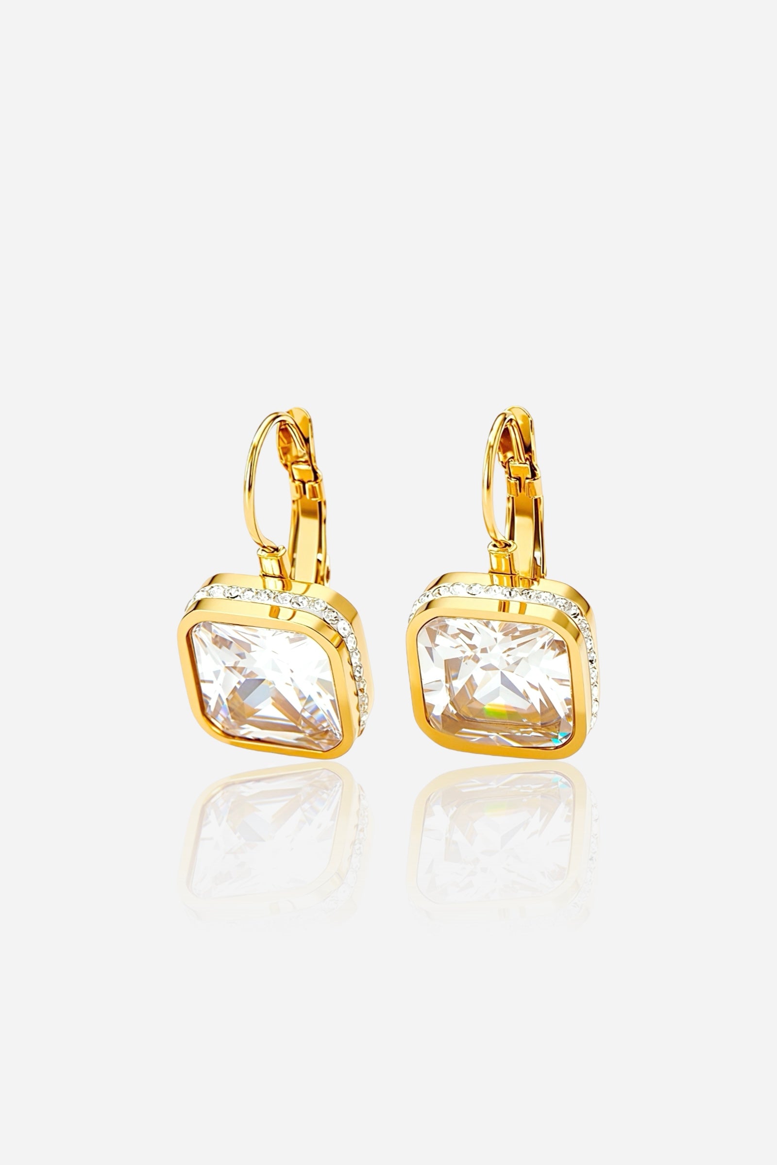 Square crystal drop earrings crafted from stainless steel with a radiant PVD 18K gold plated finish, featuring sparkling cubic-cut crystals and secure lever-back closures - GLISTIA.