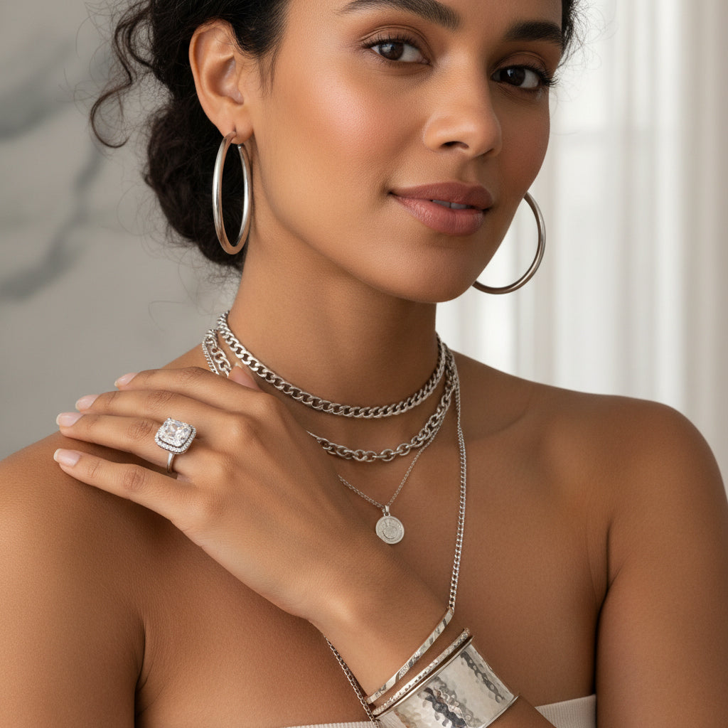 Model wearing GLISTIA stainless-steel and 925 sterling silver jewellery, including hoop earrings, layered necklaces, bangles and a statement ring.