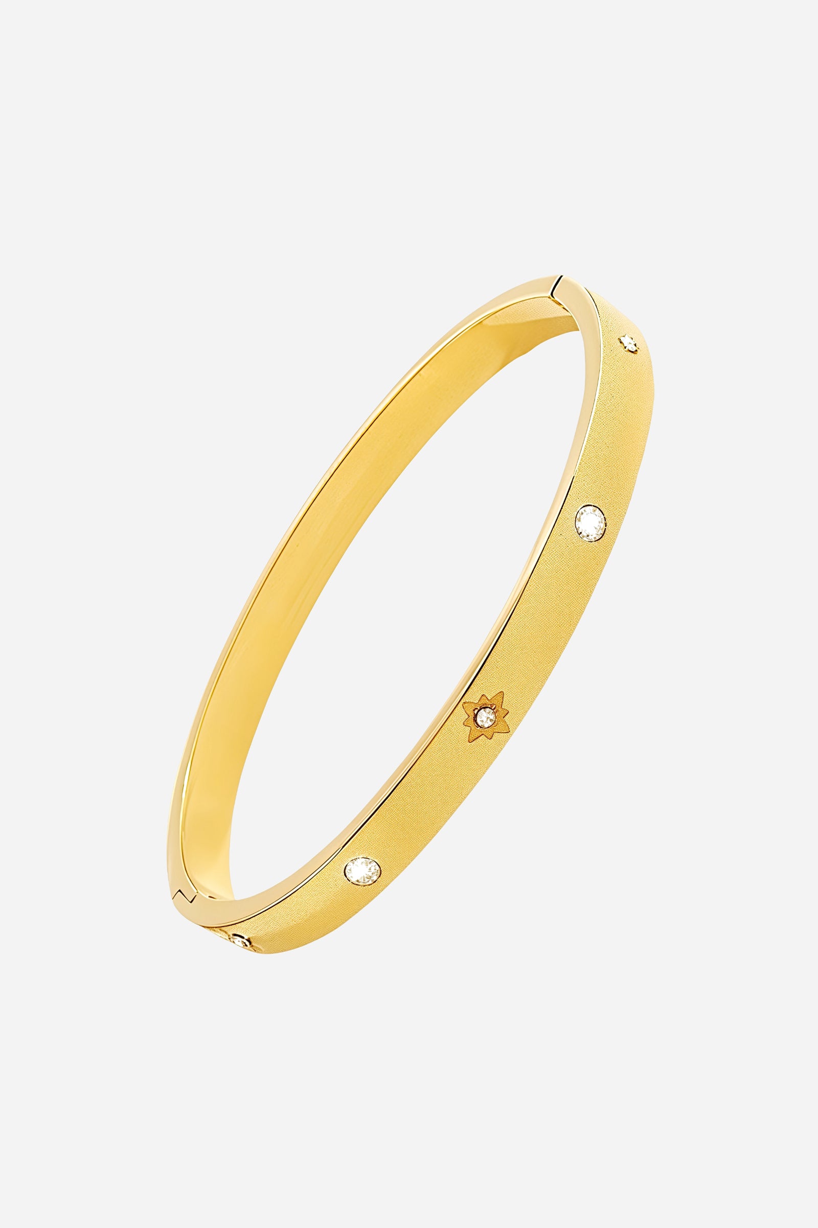 Side angle of the Stardust Crystal Bangle highlighting the radiant gold tone and shimmering crystal detailing - GLISTIA.