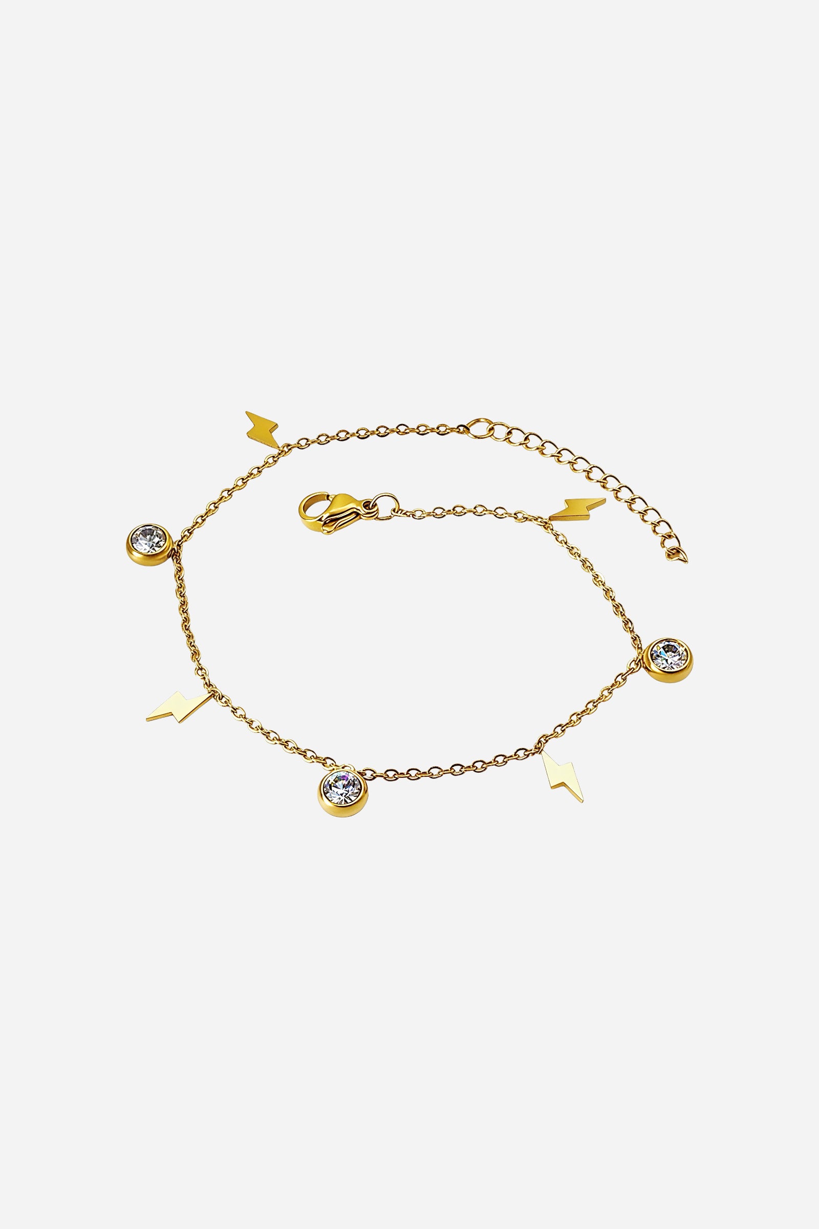 Front view of the Starlight Charm Anklet in PVD 18K gold plated stainless steel with star and bezel-set crystal charms – GLISTIA.