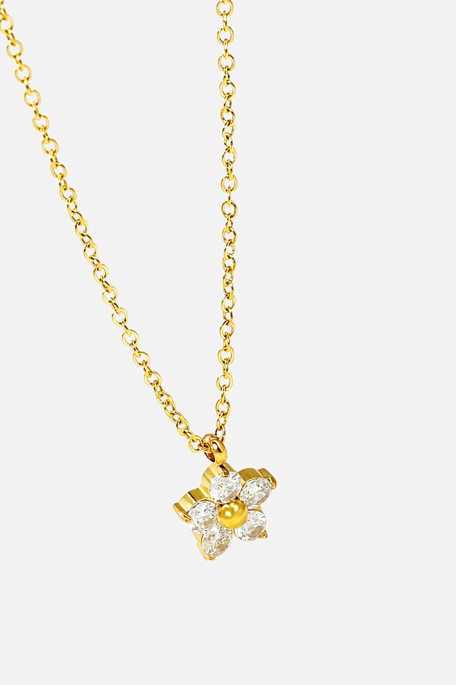 Side-angle view of GLISTIA Stella Star Pendant highlighting the raised crystal setting and polished gold finish.