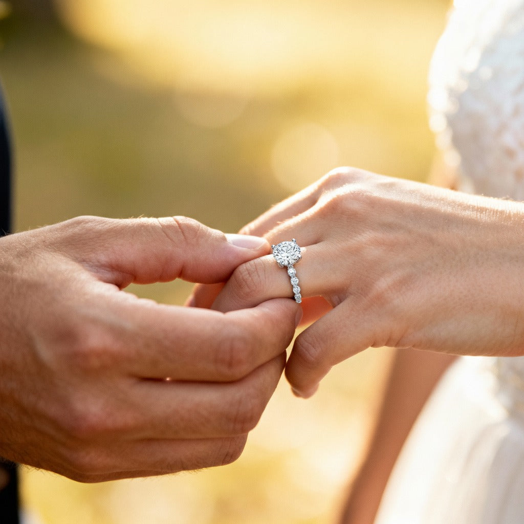 Sterling silver engagement ring placed on a woman’s finger during a proposal moment