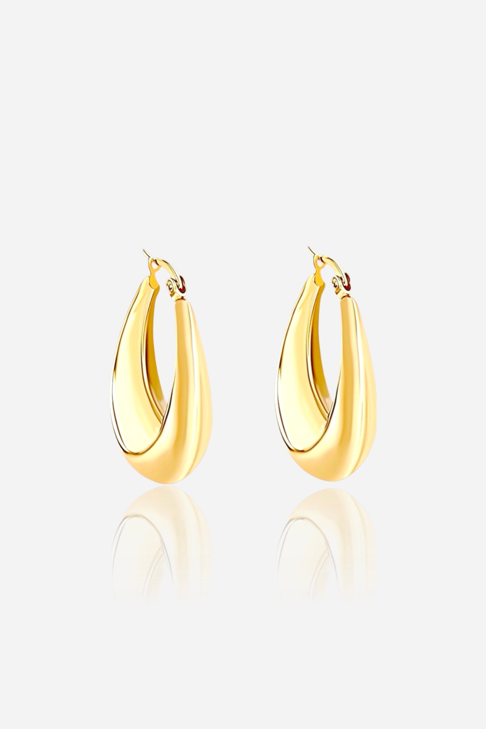 Elegant teardrop-shaped bold hoop earrings crafted from stainless steel with a high-polish PVD 18K gold plated finish smooth sculpted curves with mirror-like shine, GLISTIA.
