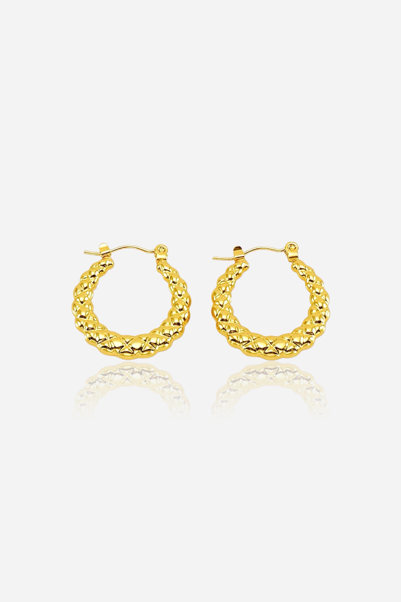 Front view of textured dome hoop earrings crafted from stainless steel with a PVD 18K gold plated finish, featuring a quilted dome pattern and reflective shine — GLISTIA