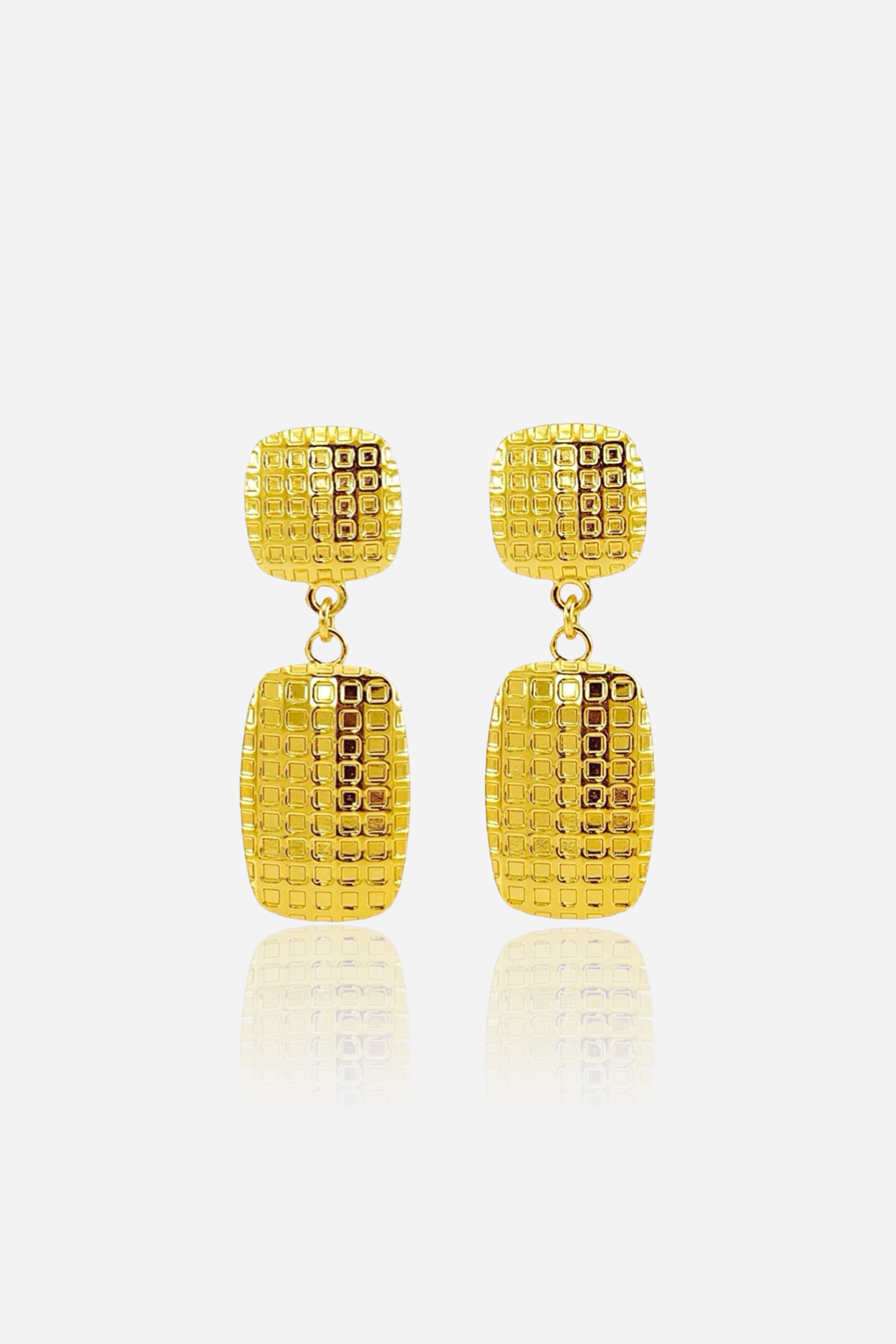 Front view of textured geometric drop earrings crafted from stainless steel with PVD 18K gold plating, featuring square and rectangular linked design with grid texture - GLISTIA.