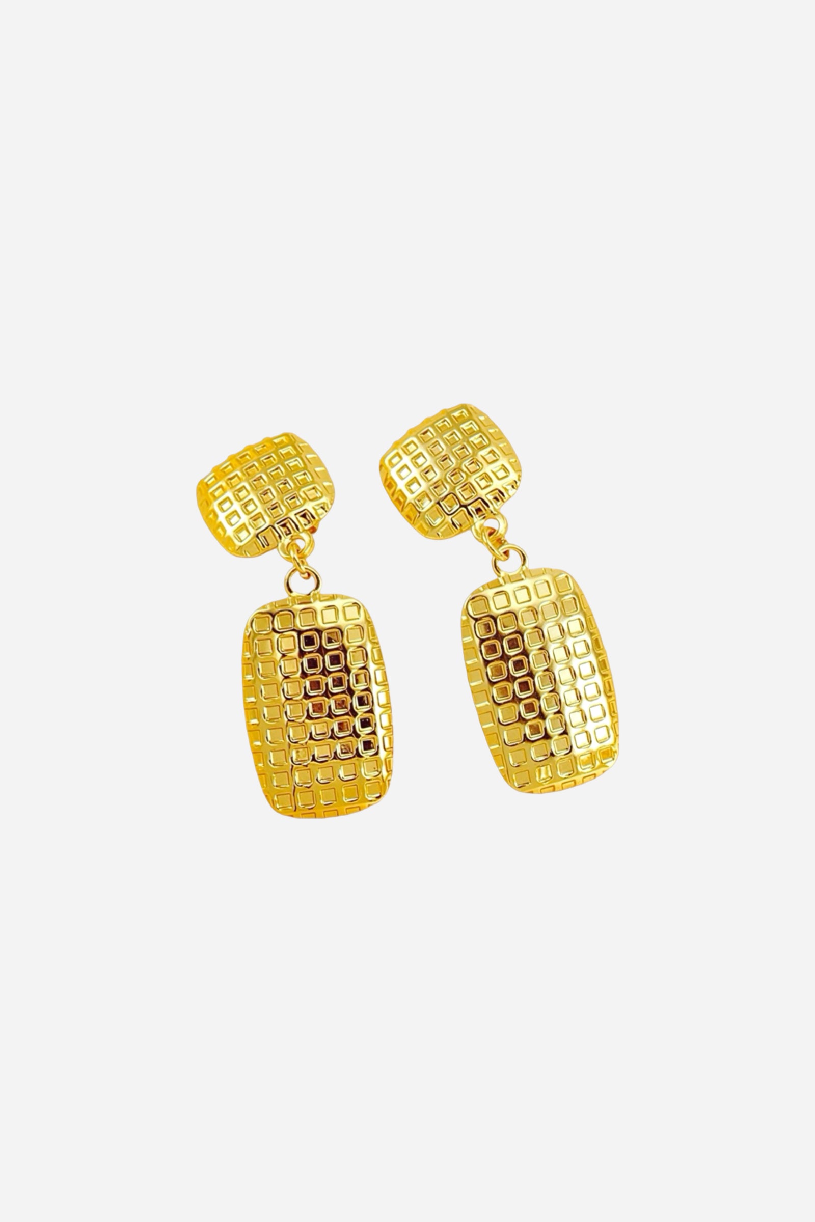Side view of textured geometric drop earrings crafted from stainless steel with PVD 18K gold plating, featuring a grid-patterned rectangular drop and matching stud – GLISTIA