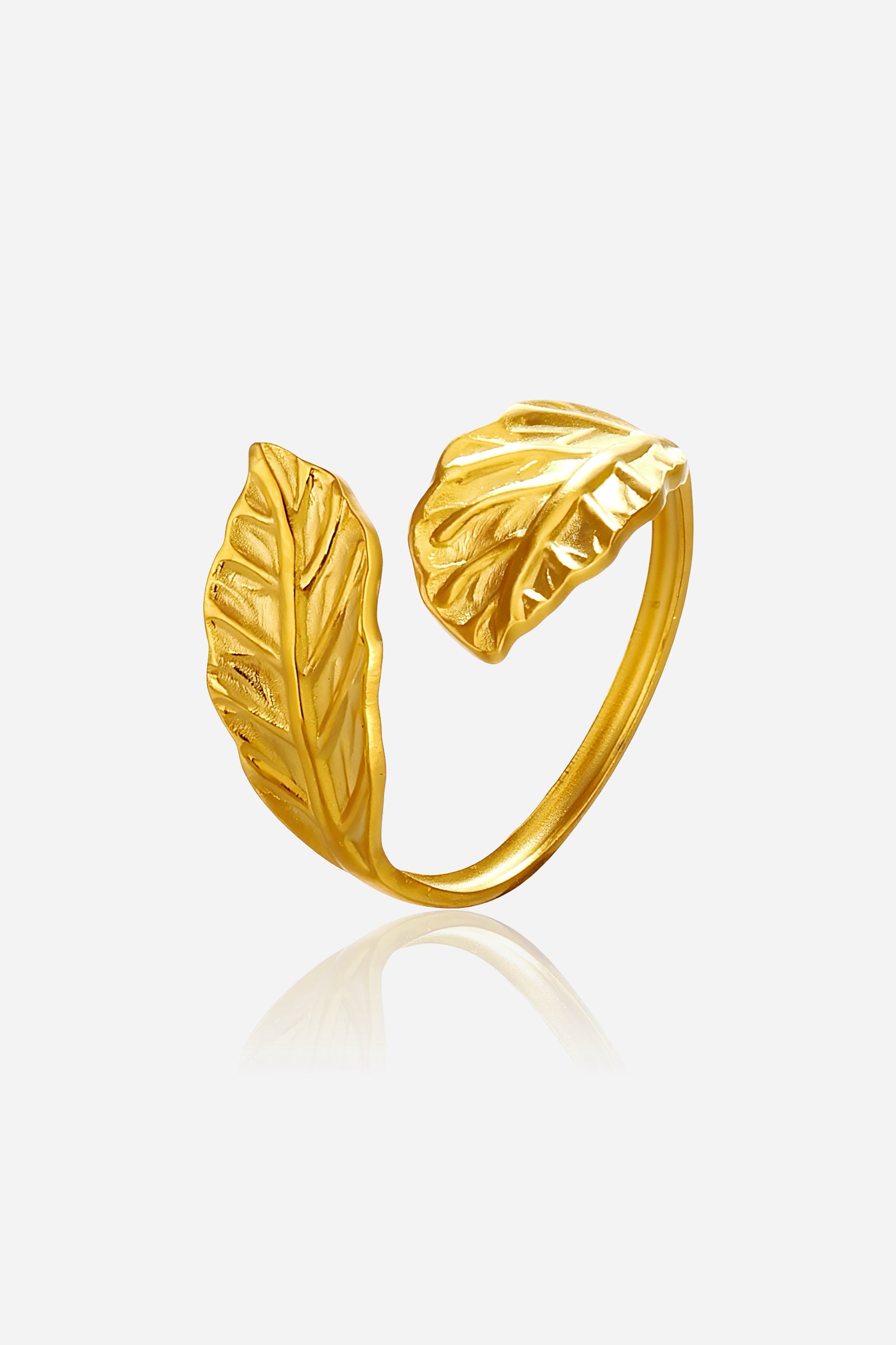 GLISTIA Textured Leaf Adjustable Ring front view in PVD 18K gold plated stainless steel with sculpted leaf ends.