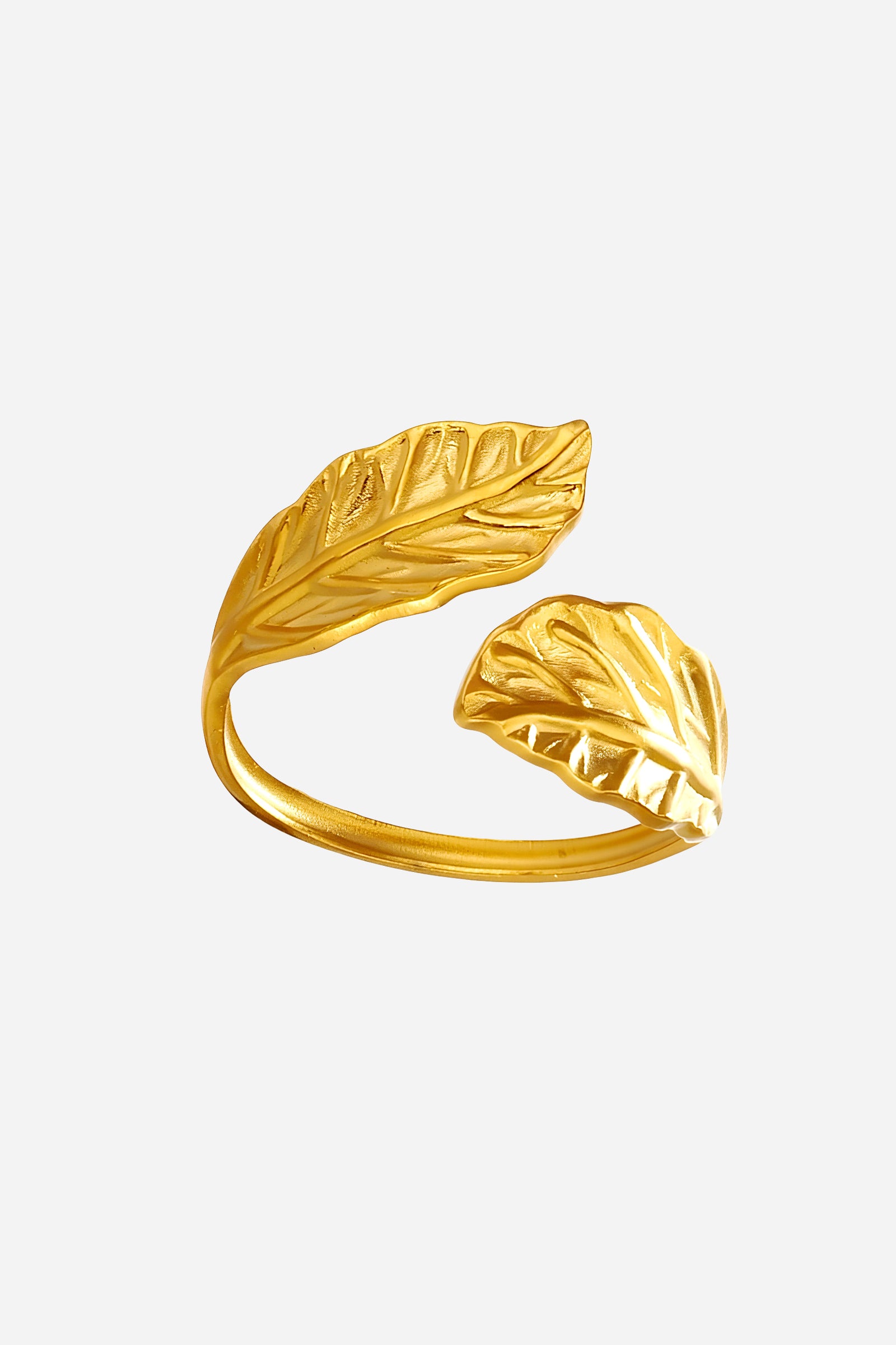 Top-view of GLISTIA gold leaf open ring featuring detailed textured leaf engraving and polished finish.