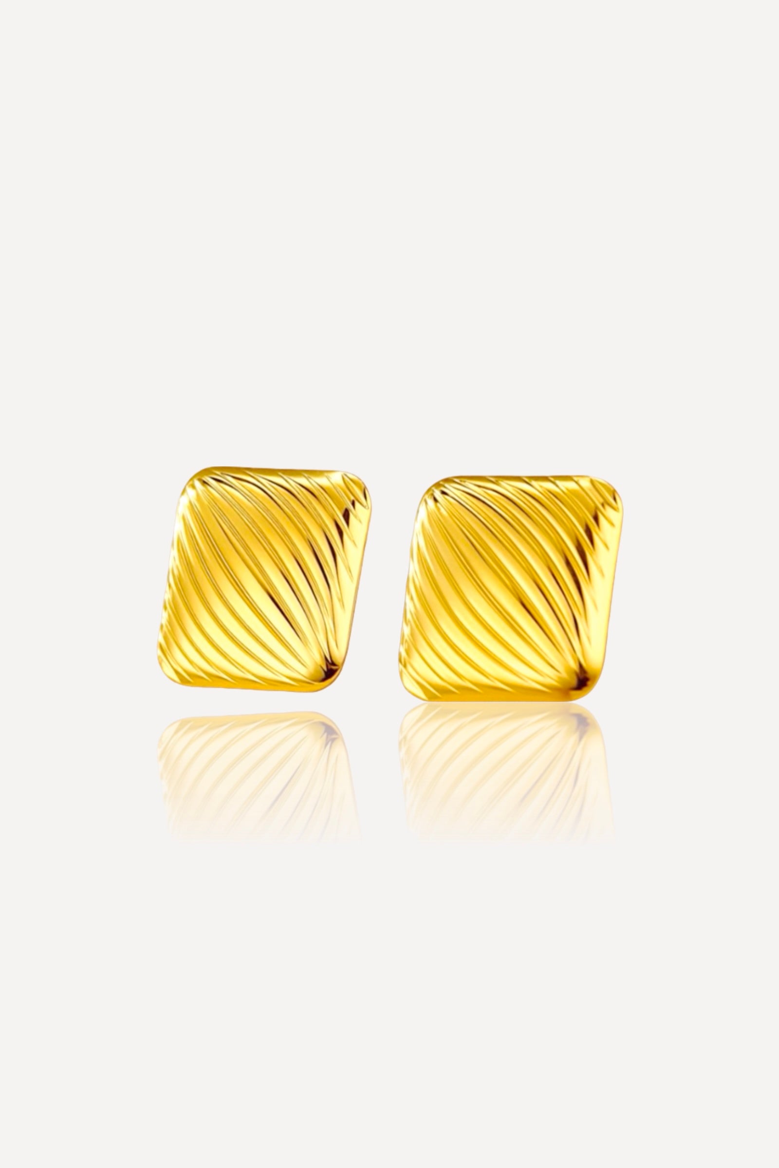 Front view of textured square stud earrings crafted from stainless steel with a radiant PVD 18K gold plated finish, showcasing diagonal ridged detailing and polished shine – GLISTIA.