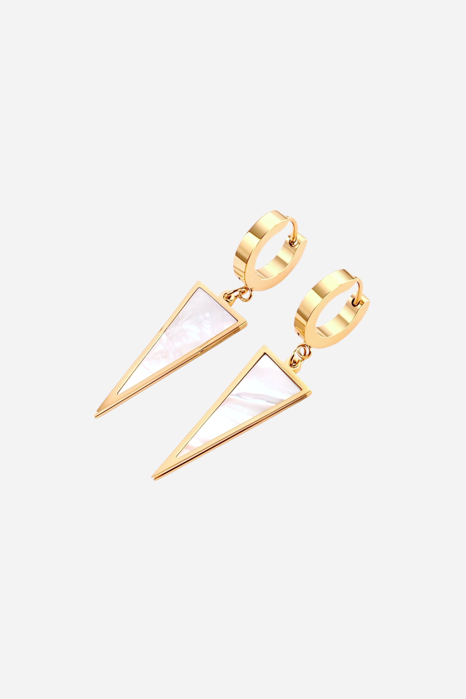 Angled view of triangle drop huggie earrings featuring geometric pointed drops with a mother-of-pearl inlay, crafted from stainless steel and finished in polished PVD 18K gold plating – GLISTIA.