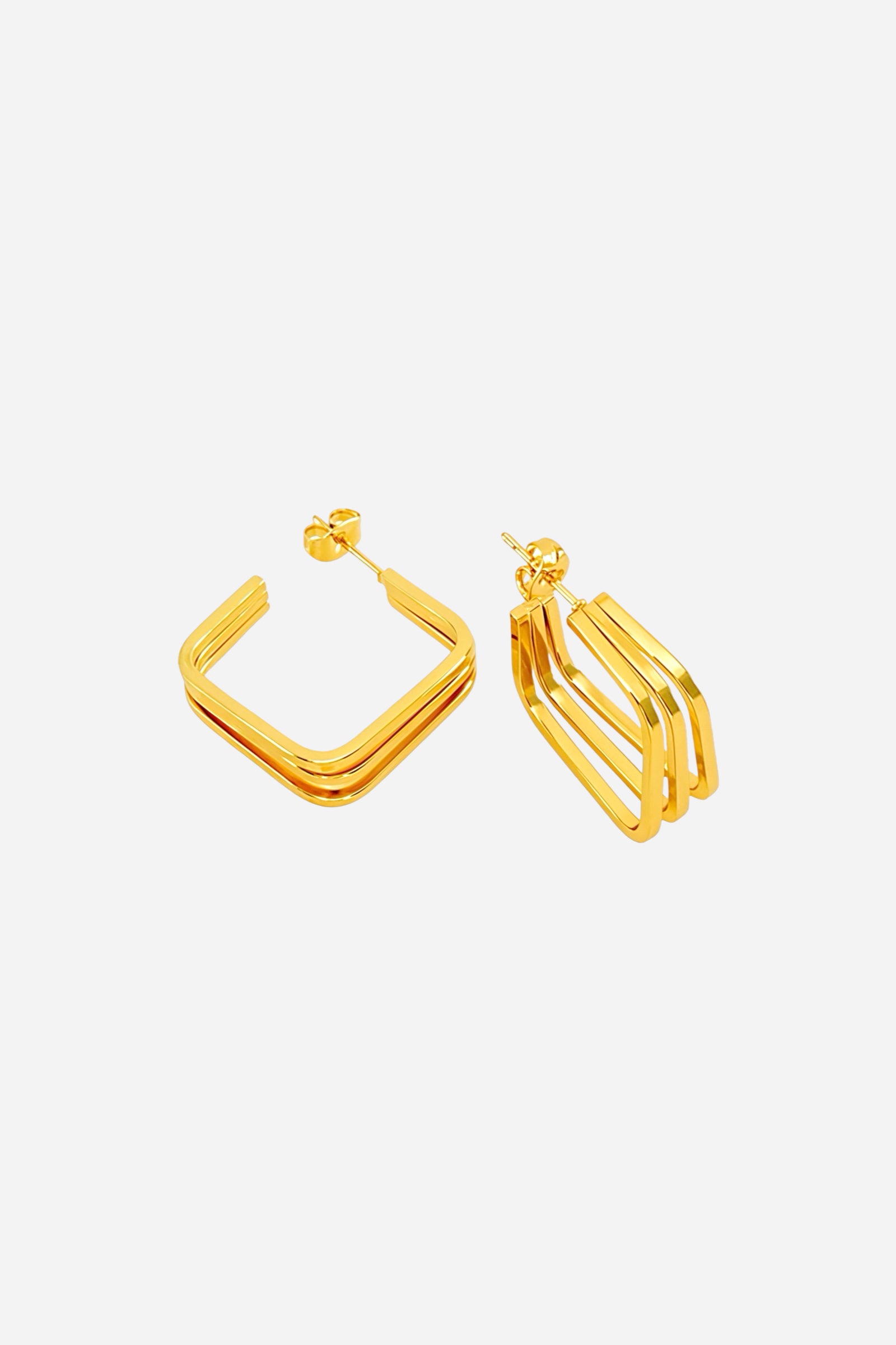 Top view triple-layer square hoop earrings crafted in stainless steel with a reflective 18K gold plated finish, showcasing bold geometric layered design – GLISTIA