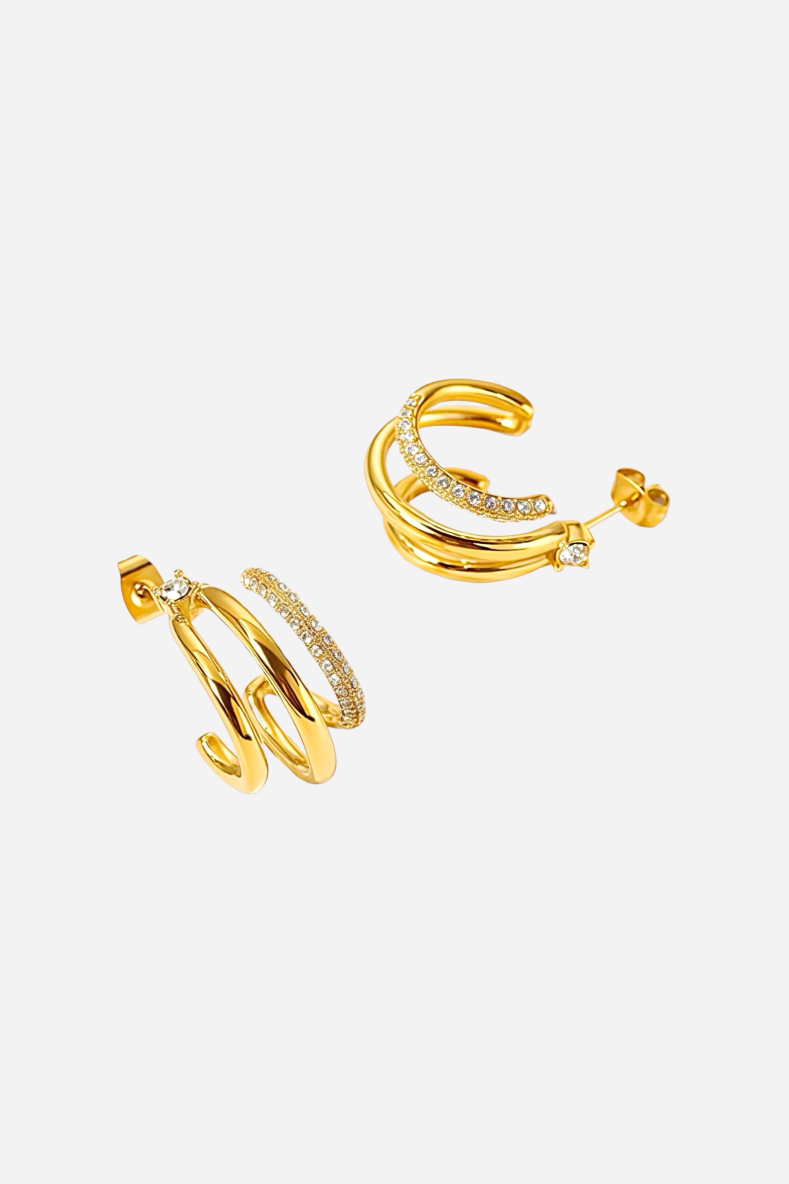Close-up view of triple row crystal hoop earrings crafted in 18K gold plated stainless steel, showcasing pavé-set crystals with a polished mirror finish – GLISTIA jewellery