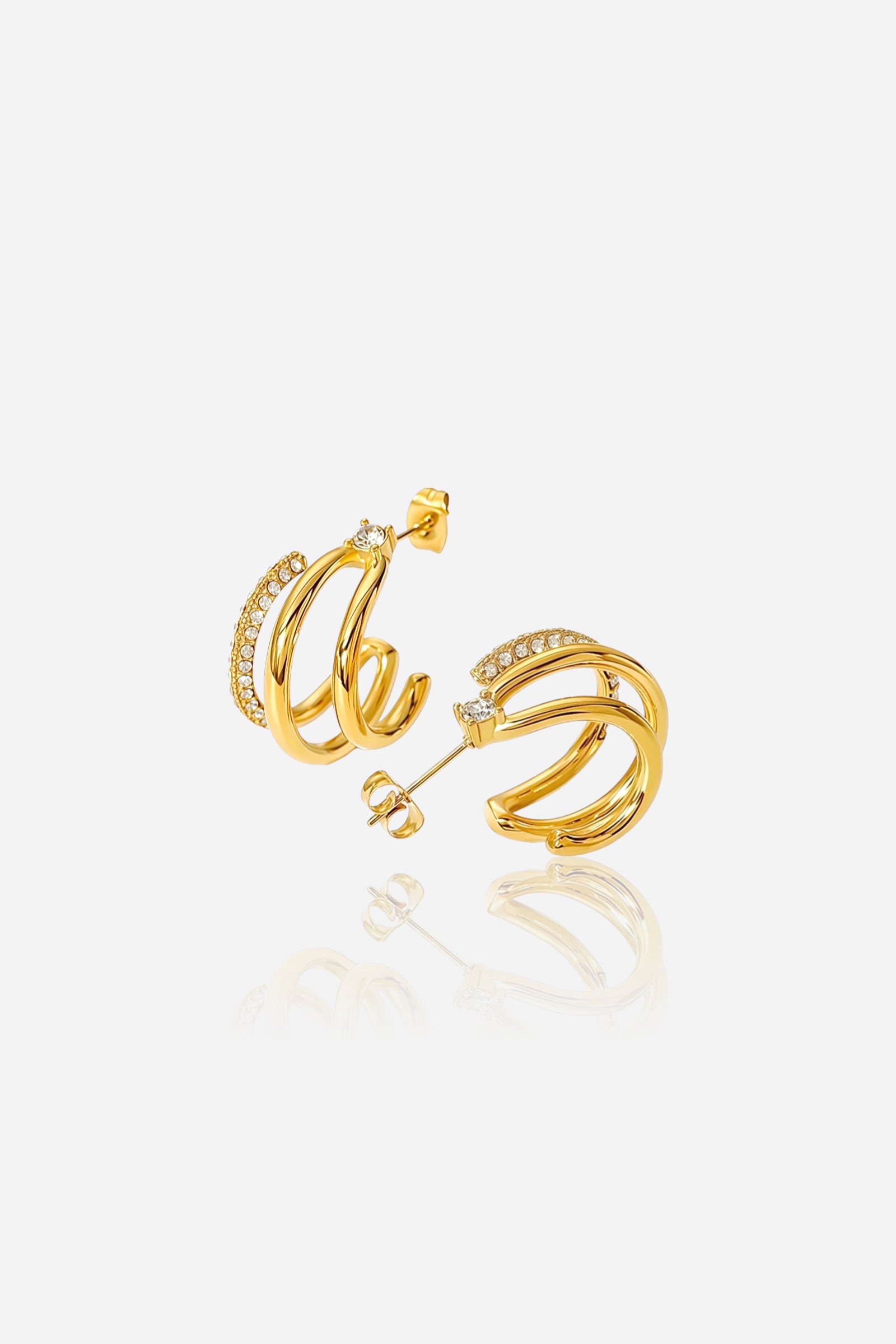Front view of triple row crystal hoop earrings in 18K gold plated stainless steel featuring pavé crystal detailing – GLISTIA jewellery