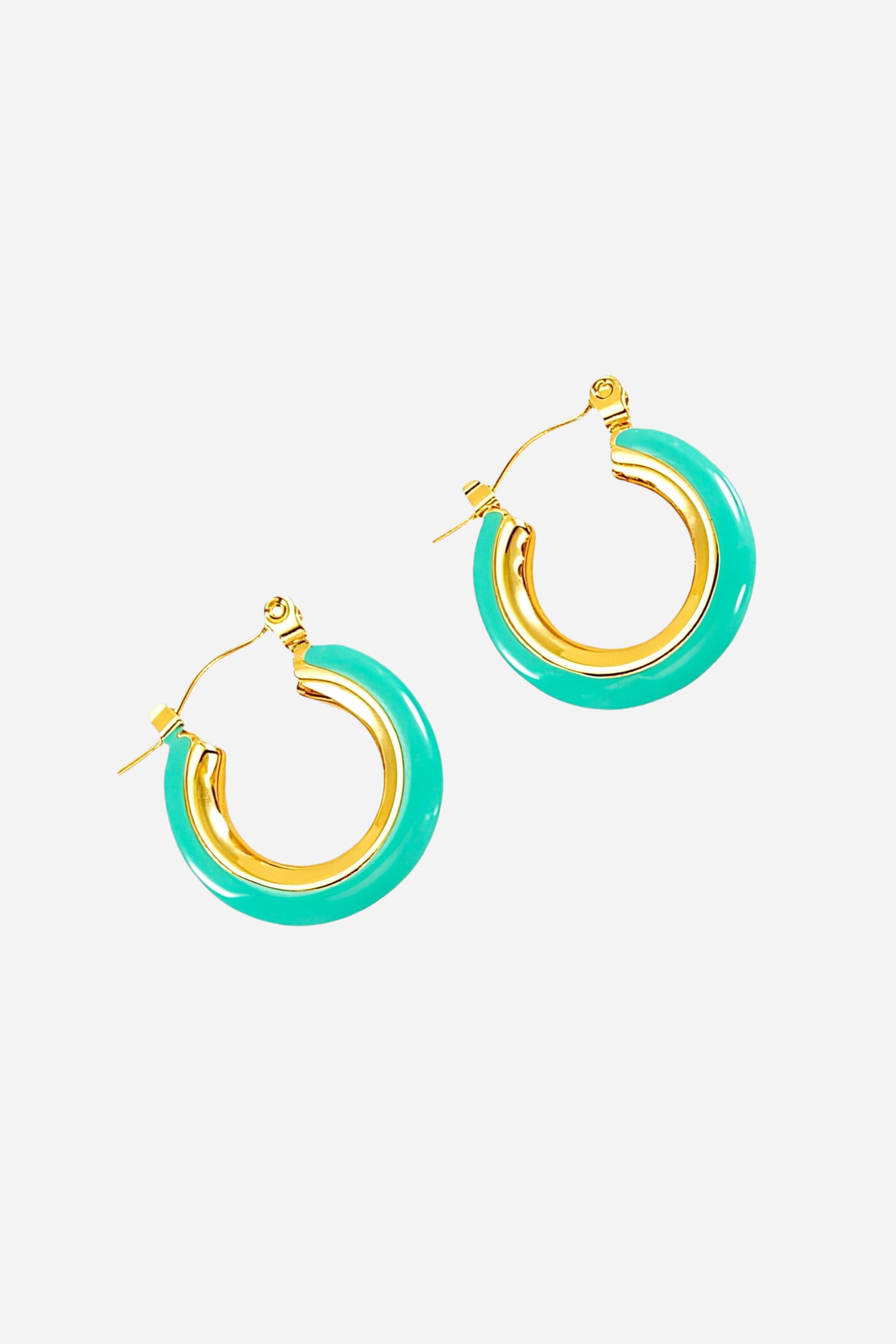 Side view turquoise enamel hoop earrings crafted from stainless steel with a lustrous 18K gold plated interior and glossy turquoise enamel outer layer – GLISTIA.