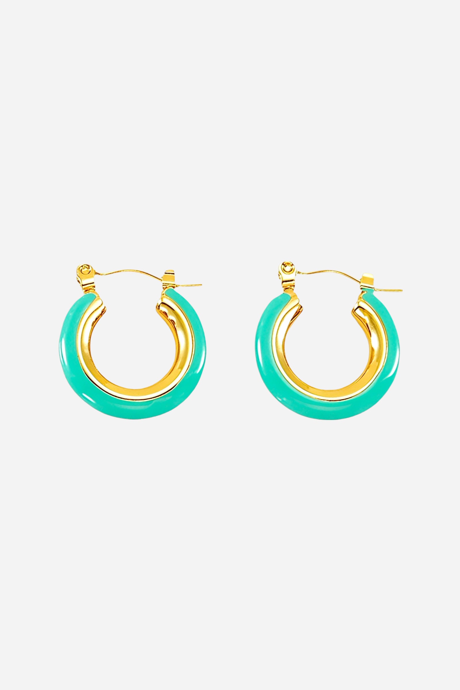 Top view of turquoise enamel hoop earrings crafted from stainless steel with a polished 18K gold plated finish, featuring glossy turquoise enamel accents for a modern summer look – GLISTIA.