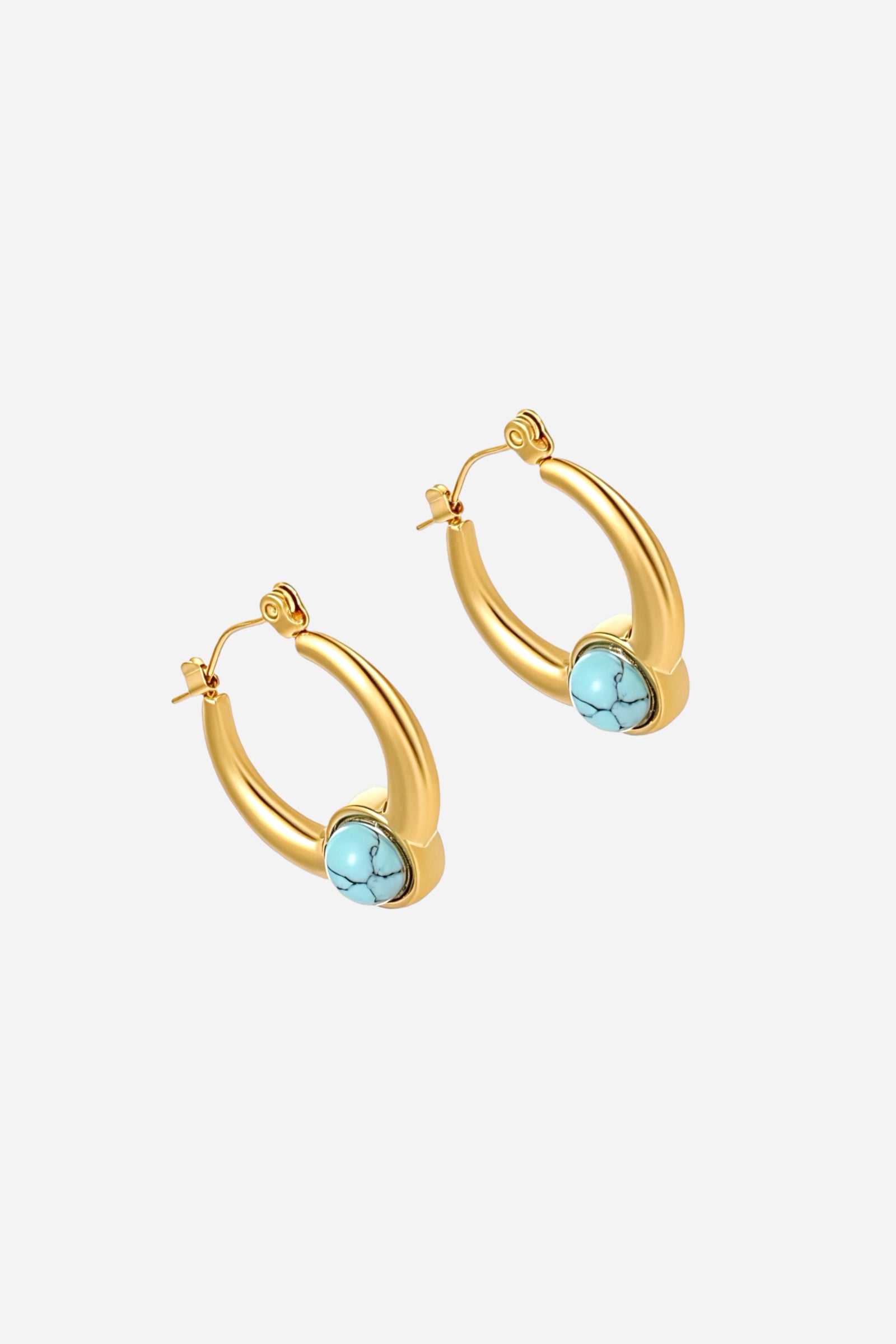 Angled view of small gold hoop earrings featuring a turquoise stone accent, crafted from stainless steel with a polished PVD 18K gold-plated finish - GLISTIA.