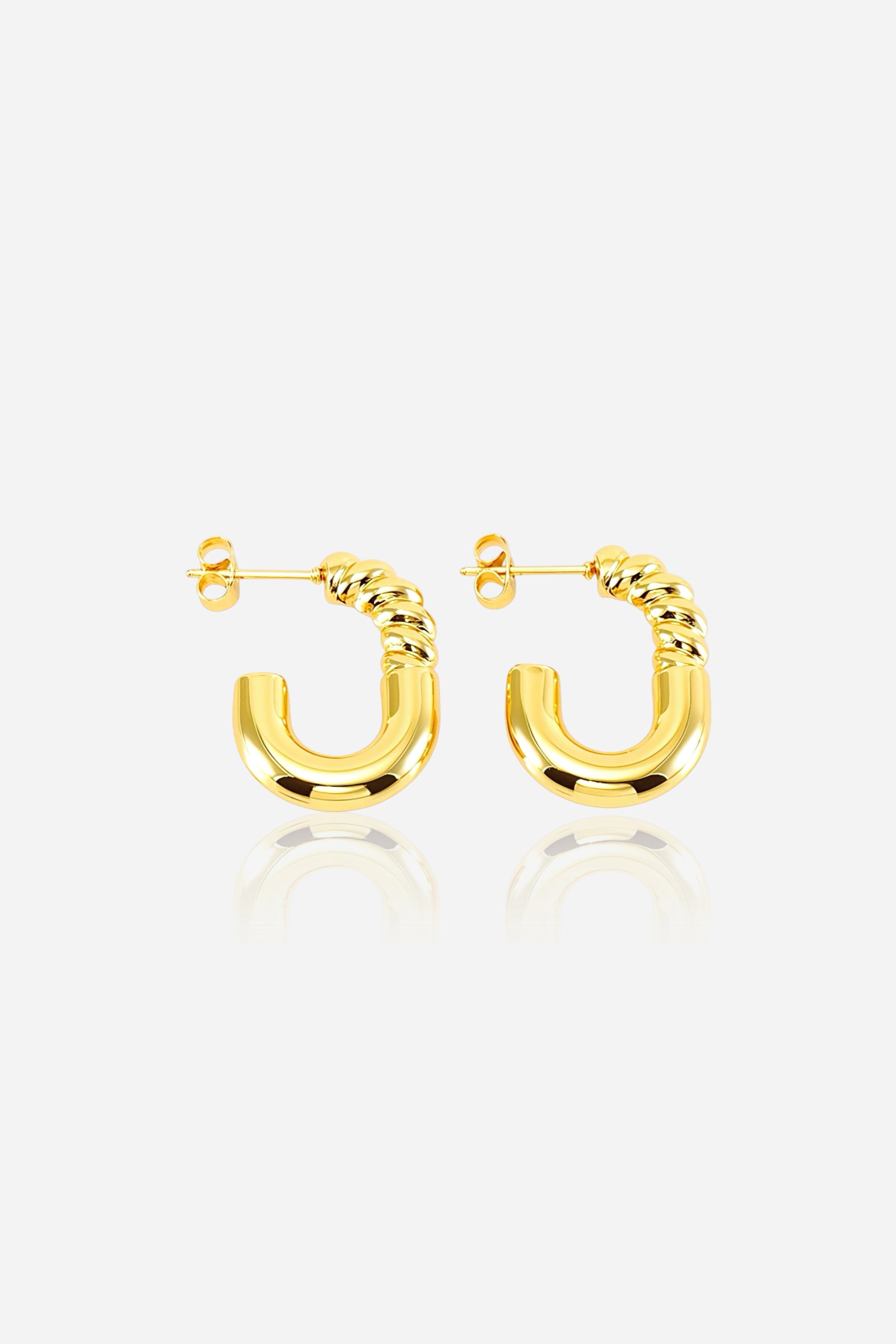 Front view of twist curve hoop earrings in 18K PVD gold plated stainless steel with polished curved design – GLISTIA jewellery