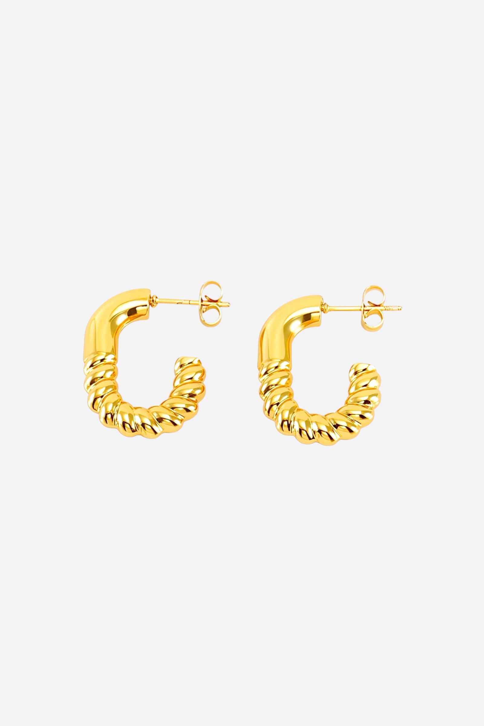 Front-facing view of twisted half hoop earrings crafted in stainless steel with 18K PVD gold plating and polished rope detailing – GLISTIA jewellery
