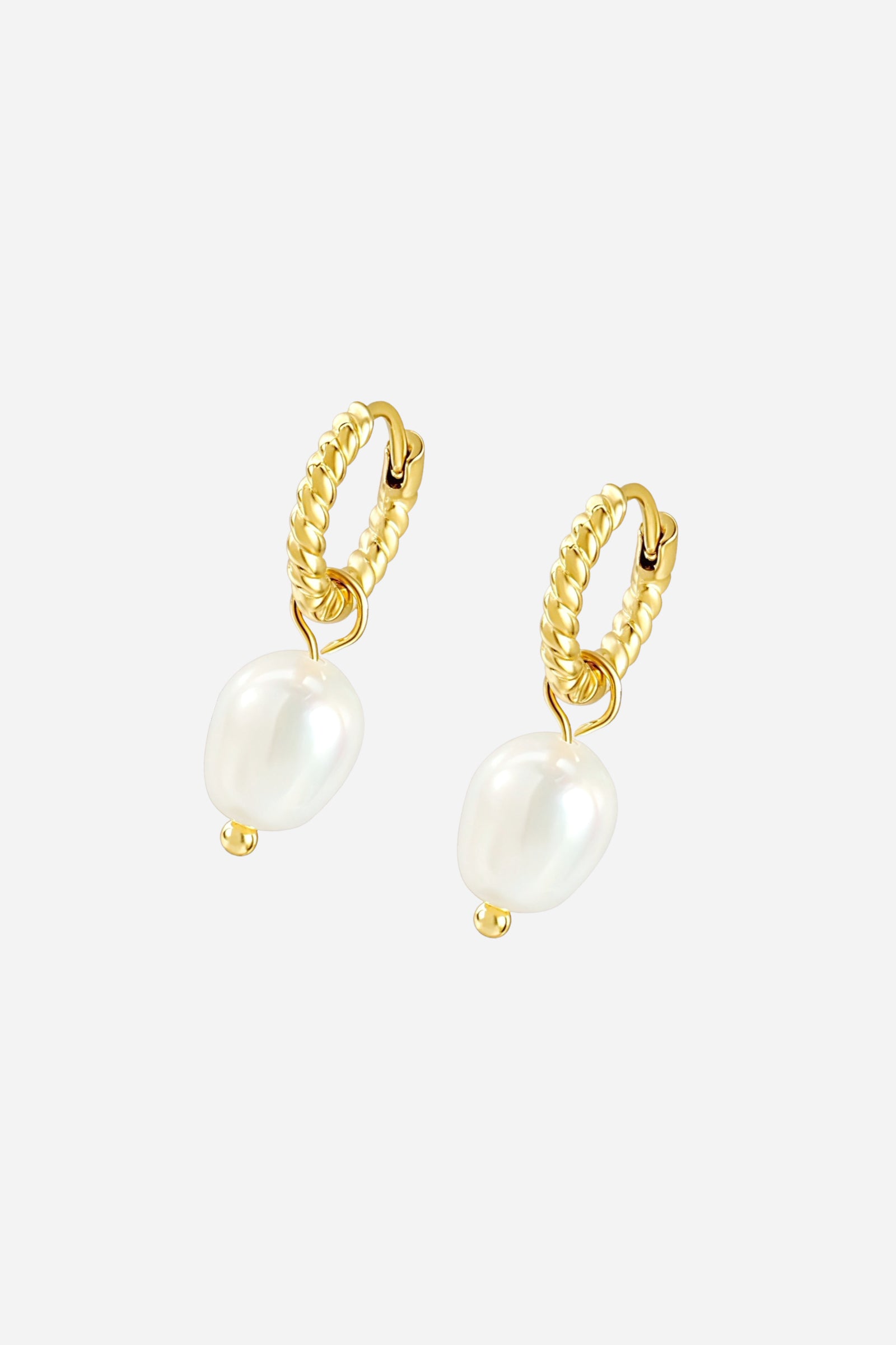 Top view of twisted hoop pearl drop earrings crafted from stainless steel with a radiant PVD 18K gold plated finish, featuring lustrous white pearl drops for an elegant modern look – GLISTIA.