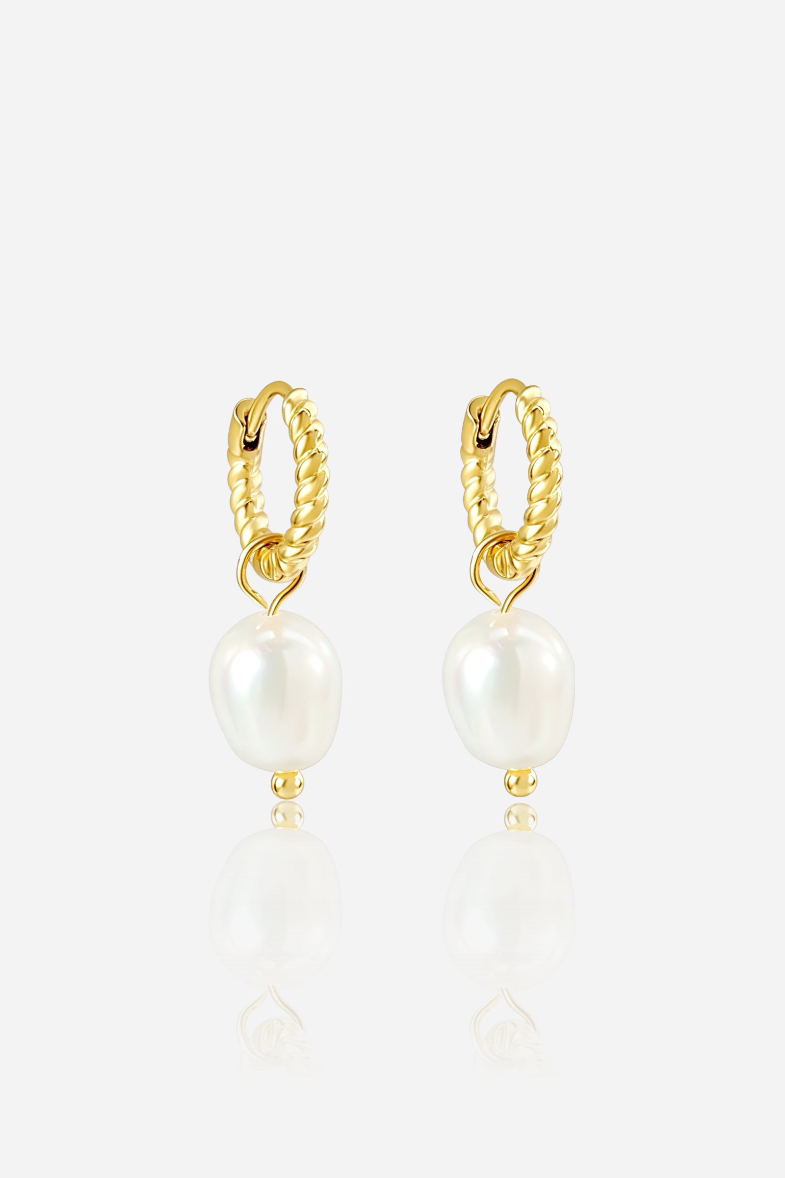 Twisted hoop pearl drop earrings crafted from stainless steel with a lustrous PVD 18K gold plated finish, featuring a single white pearl dangle for a timeless elegant look – GLISTIA.