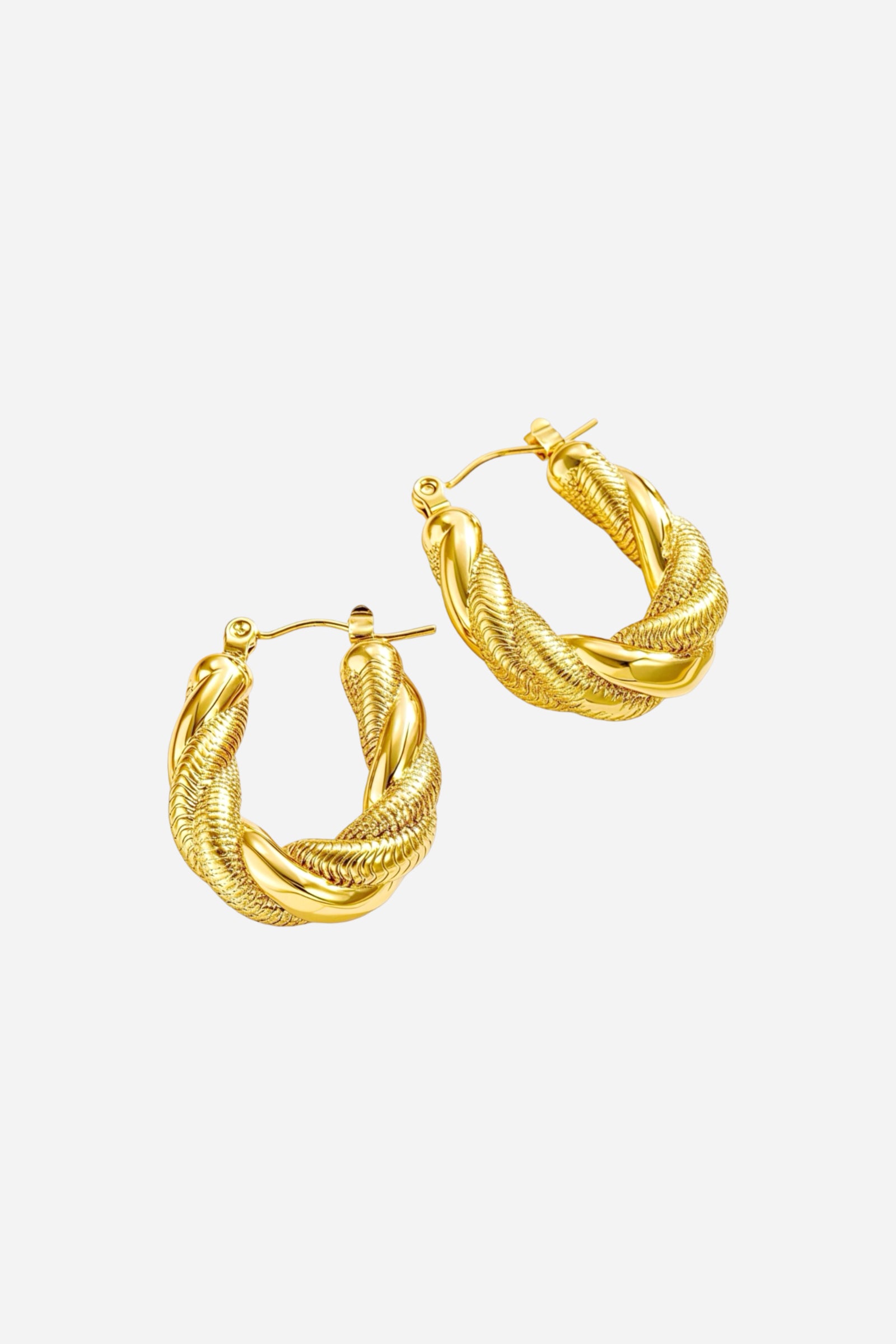 Twisted rope hoop earrings in 18K gold plated stainless steel with textured and polished intertwined design – GLISTIA