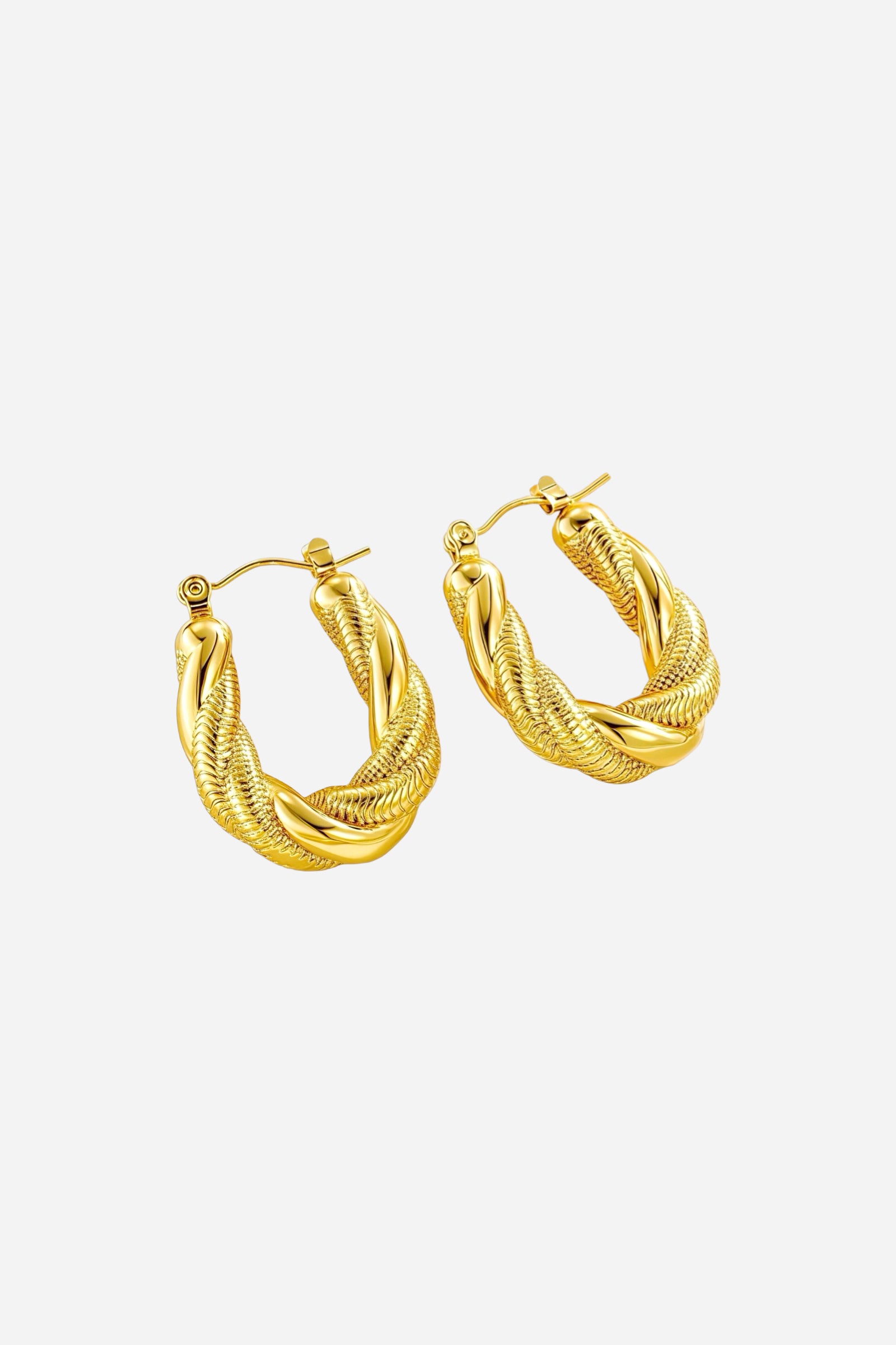 Top-view-twisted rope hoop earrings crafted in stainless steel with a polished and textured 18K gold plated finish, bold statement design – GLISTIA