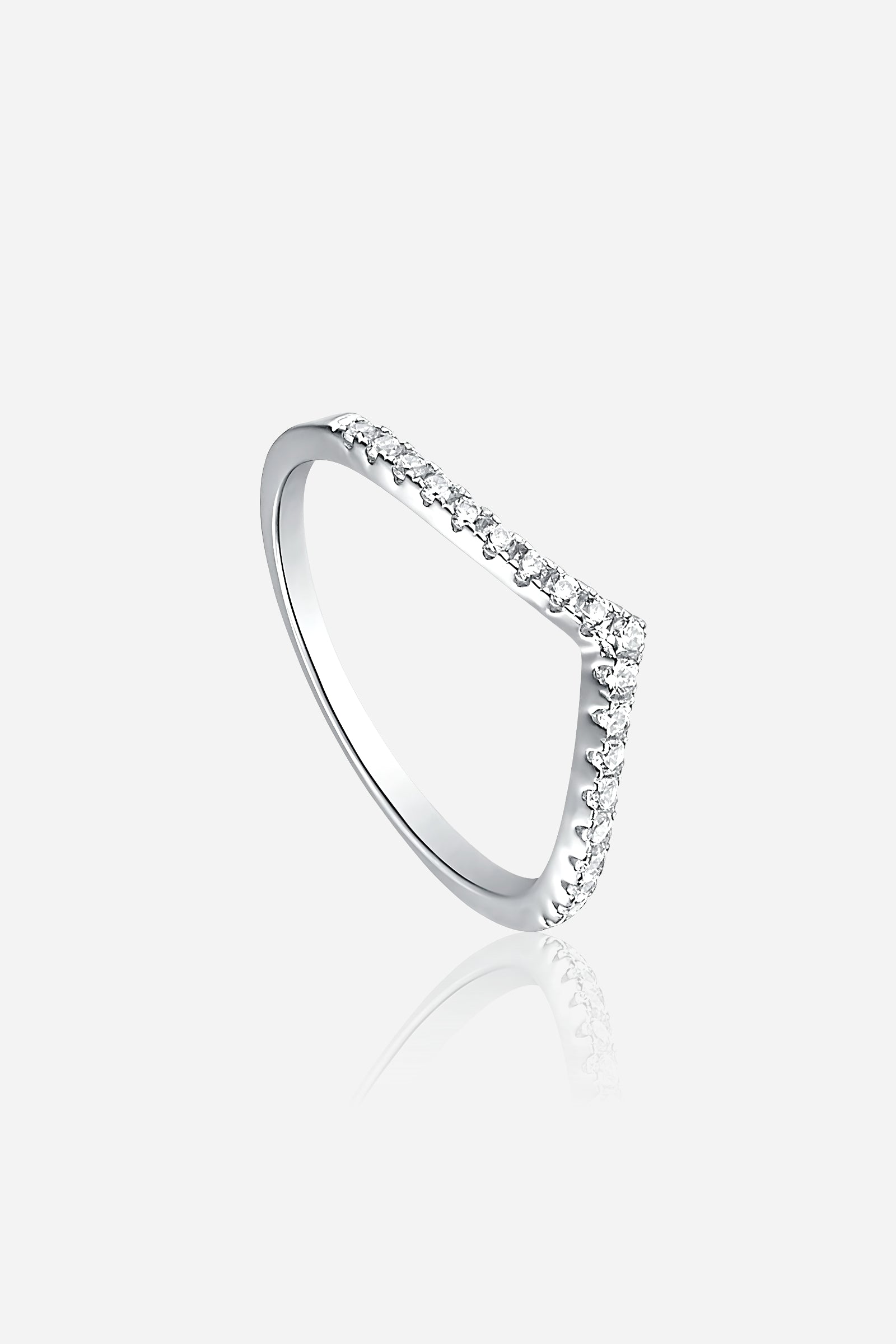 GLISTIA V-Shape Pavé Band Ring front view in 925 sterling silver with rhodium coating and sparkling pavé zircon accents.