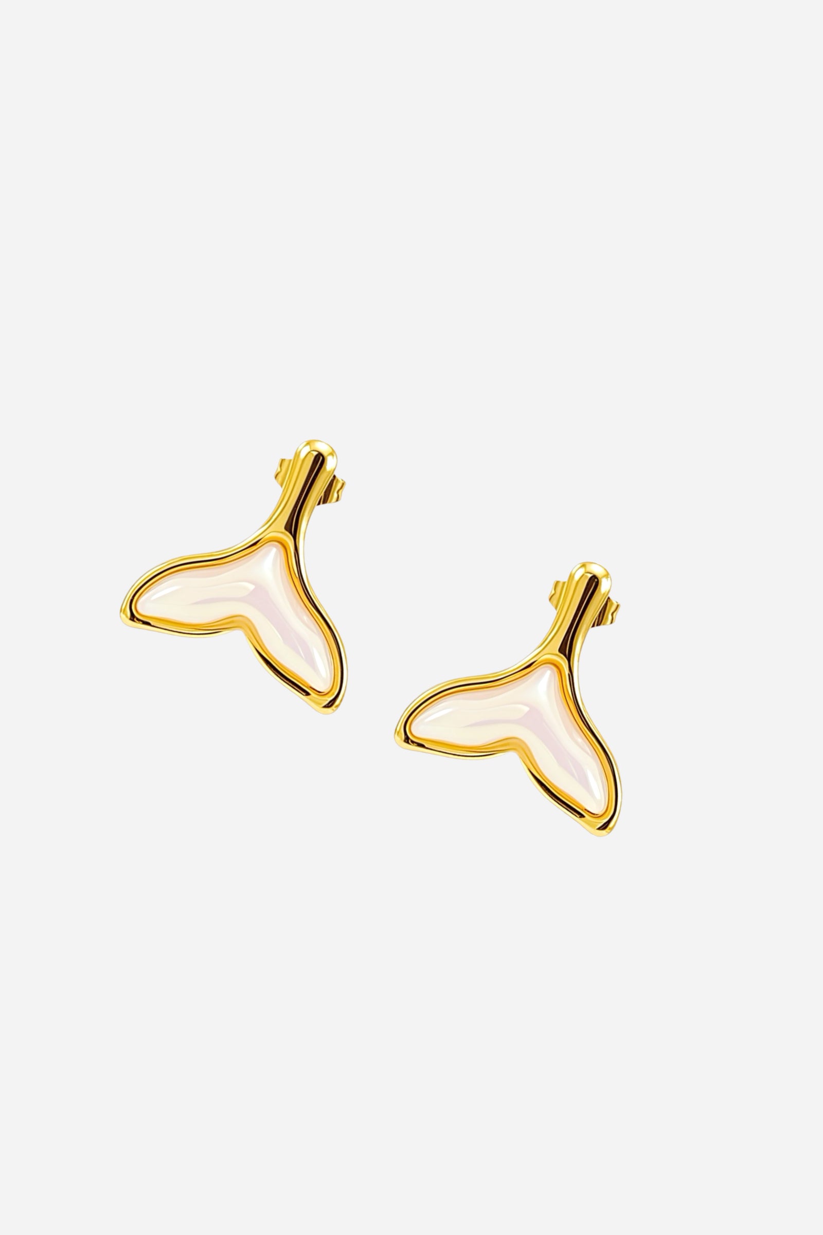 Top view of Whale Tail Stud Earrings crafted from stainless steel with luminous PVD 18K gold plating, showcasing an iridescent resin inlay shaped like a whale tail – GLISTIA.