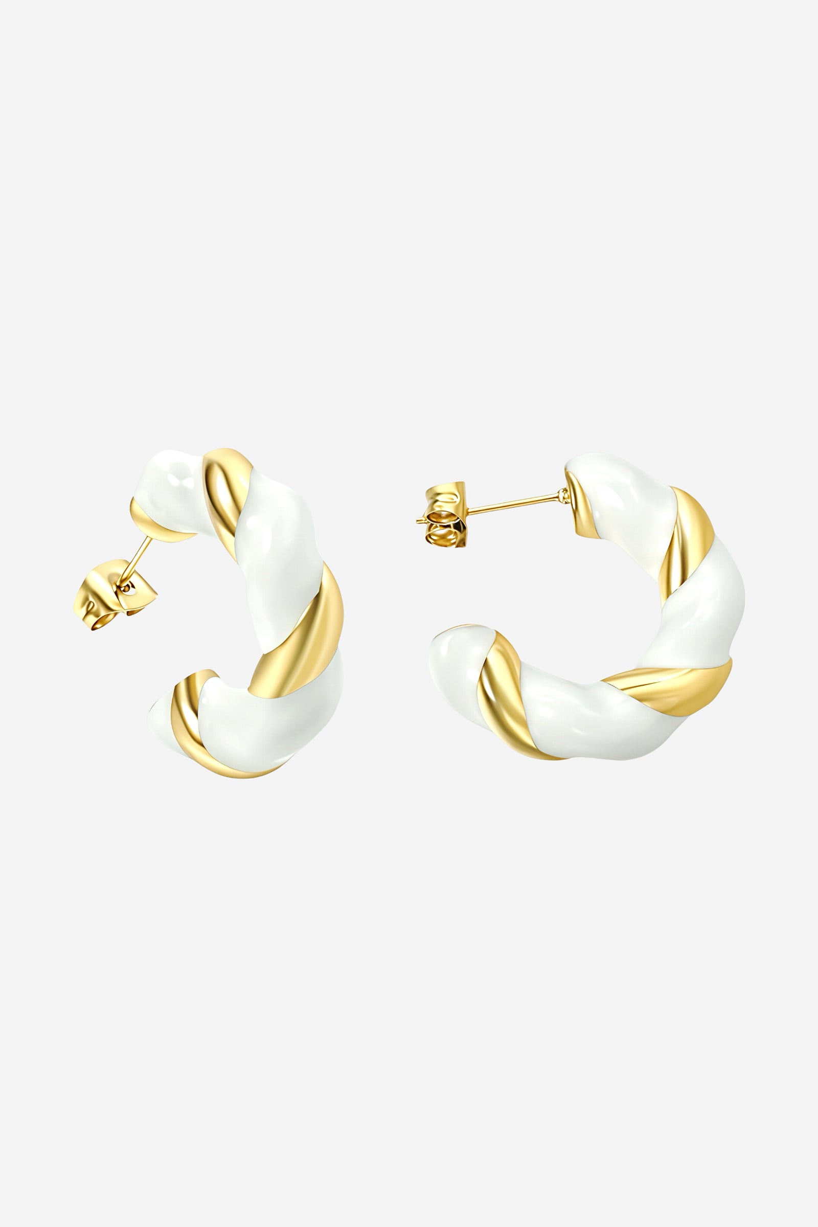 Front view of white and gold twist C-hoop earrings crafted from stainless steel with PVD 18K gold plating, featuring a smooth white enamel and gold swirl design GLISTIA.
