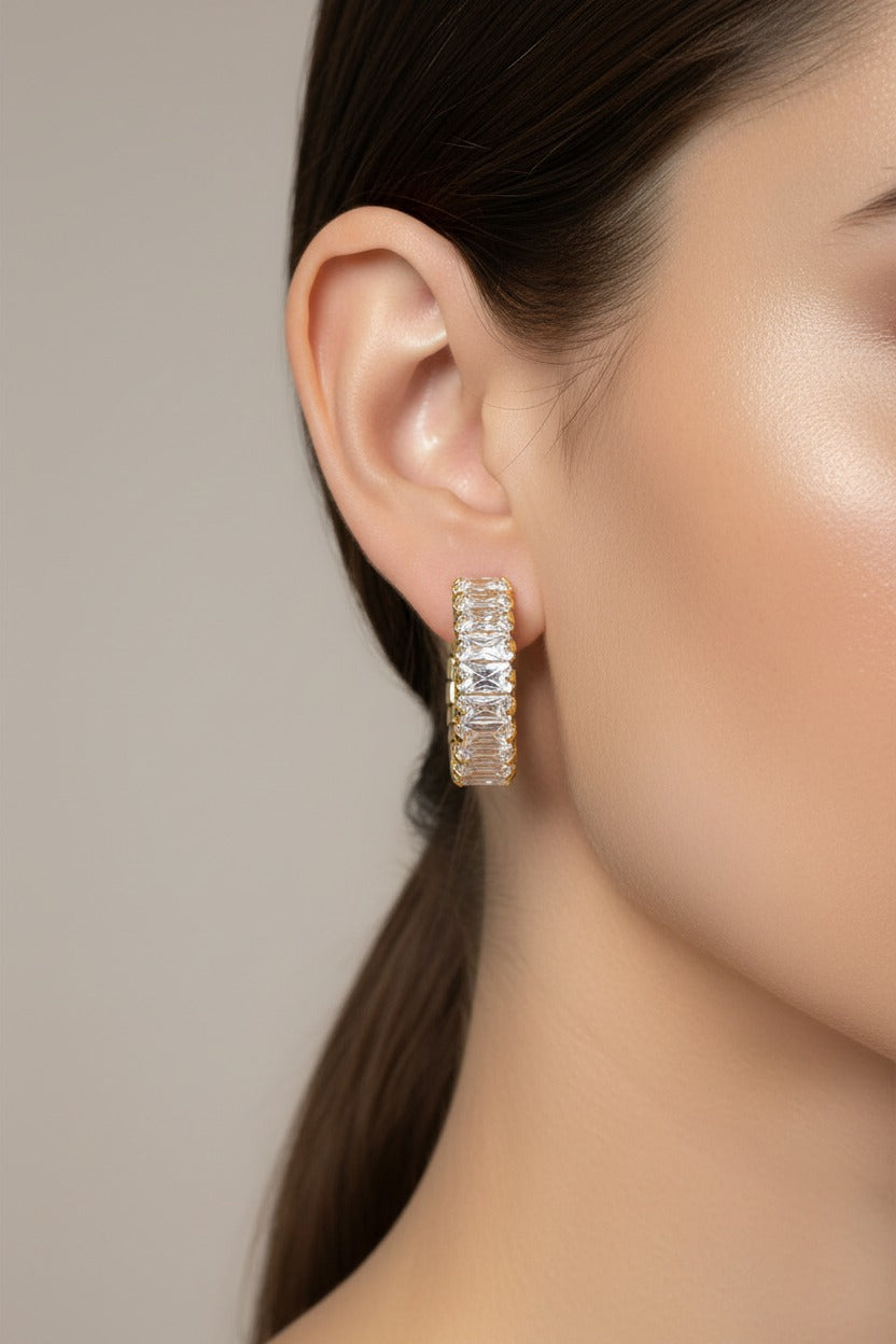 Zirconia C-hoop earrings crafted from stainless steel with 18K PVD gold plating, featuring a full front setting of sparkling zirconia stones